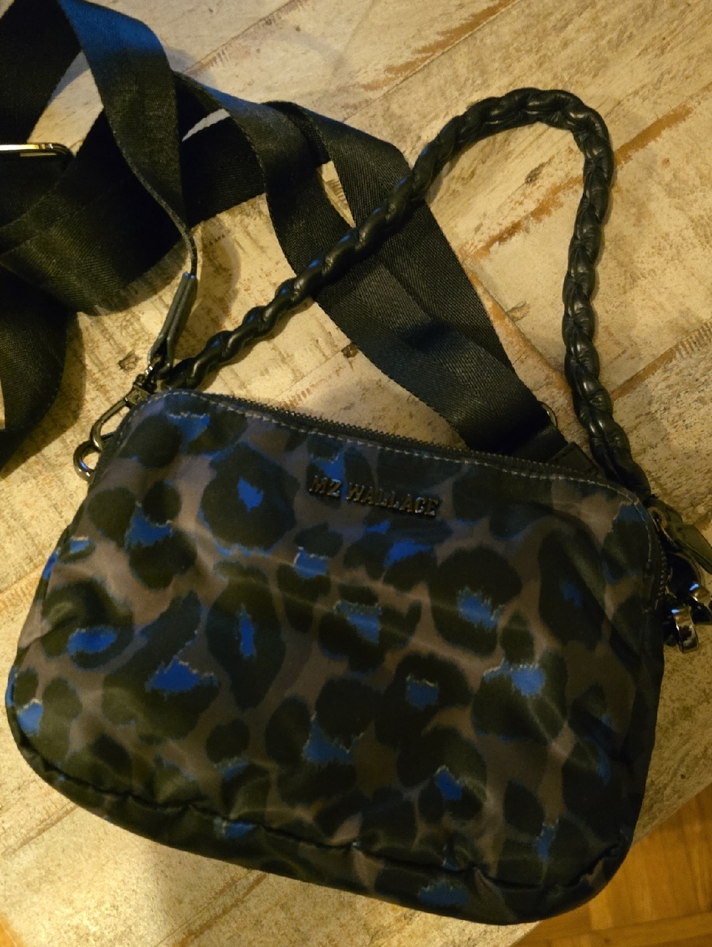 MZ Wallace Blue and Black Leopard Print Crossbody with Braided Handle